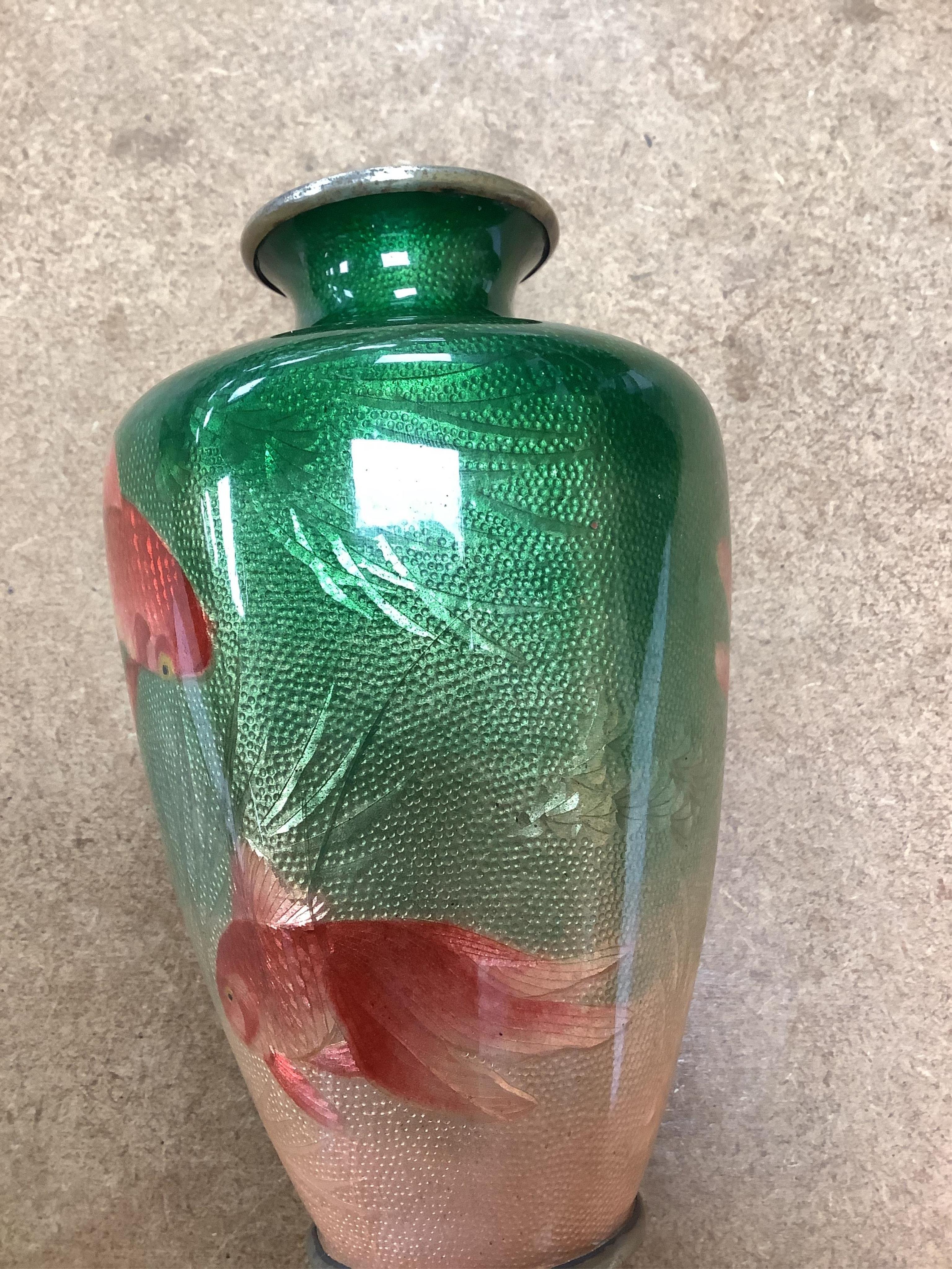 A Japanese ginbari enamel ‘koi carp’ vase, early 20th century, 18cm high